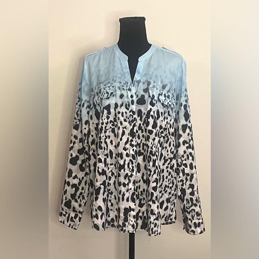 Calvin Klein Womens Blue Ombre Leopard Print Long Sleeve Button Blouse Top L - Picture 2 of 8